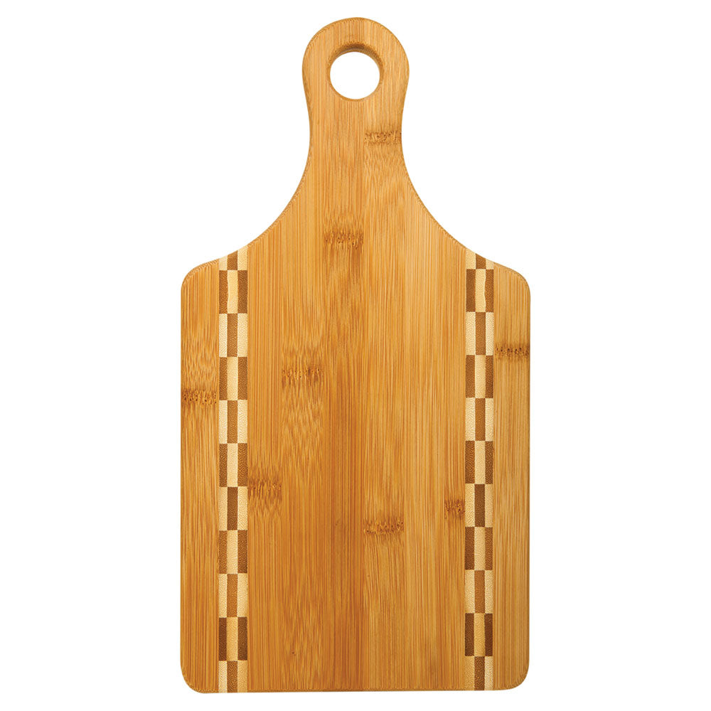 Personalized Laser Engraved 13 1/2" x 7" Paddle Shaped Bamboo Cutting Board with Butcher Block Inlay