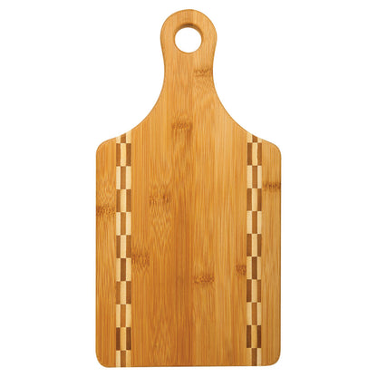 Personalized Laser Engraved 13 1/2" x 7" Paddle Shaped Bamboo Cutting Board with Butcher Block Inlay