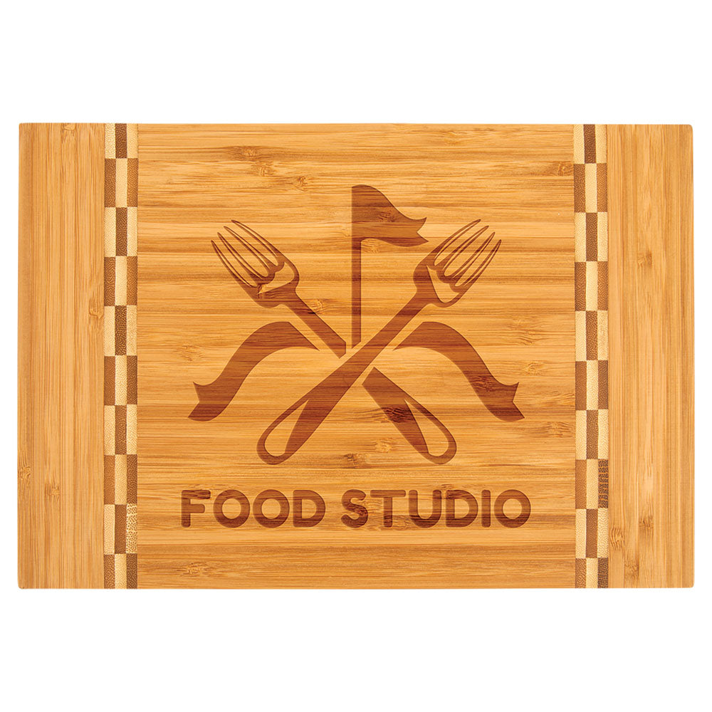 Personalized Laser Engraved 12" x 8 1/4" Bamboo Cutting Board with Butcher Block Inlay