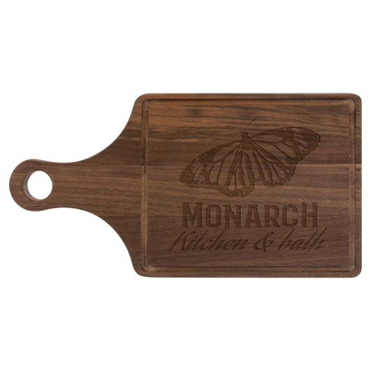 Personalized Laser Engraved 13 1/2" x 7" Walnut Cutting Board Paddle Shape with Drip Ring