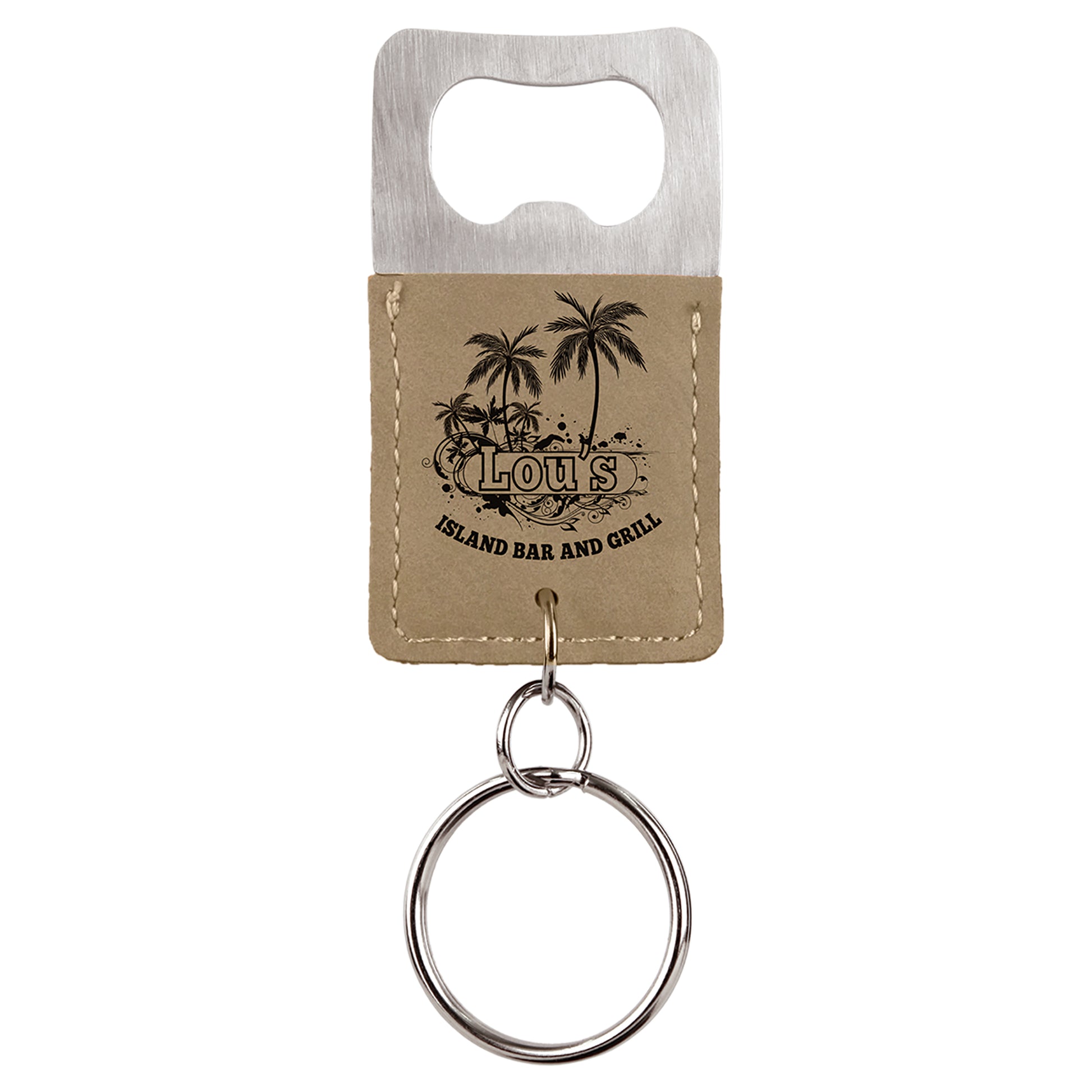  Personalized Laser Engraved Rectangle Light Brown Leatherette Bottle Opener Keychain