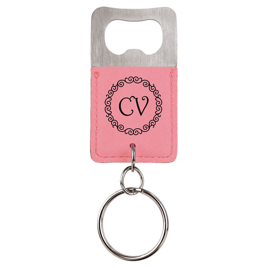 Personalized Laser Engraved Rectangle Light Brown  Leatherette Bottle Opener Keychain