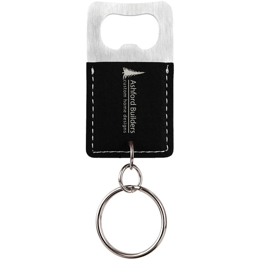 Personalized Laser Engraved Rectangle Black/Silver  Leatherette Bottle Opener Keychain