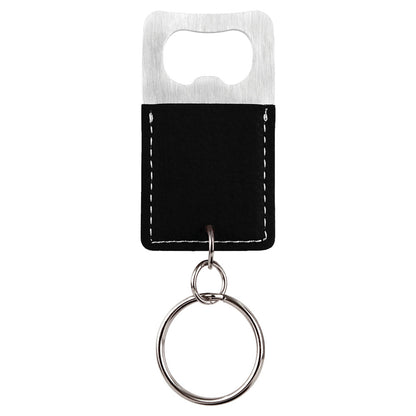 Personalized Laser Engraved Rectangle Black/Silver  Leatherette Bottle Opener Keychain