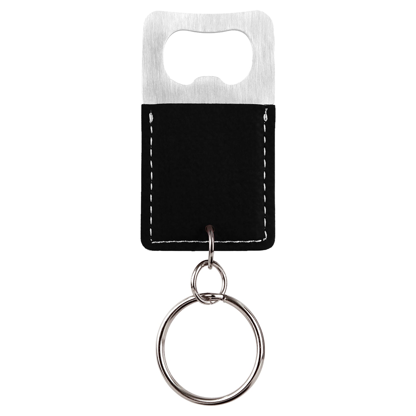 Personalized Laser Engraved Rectangle Black/Silver Leatherette Bottle Opener Keychain