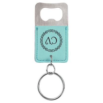 Personalized Laser Engraved Rectangle Teal  Leatherette Bottle Opener Keychain