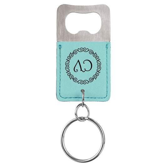 Personalized Laser Engraved Rectangle Teal  Leatherette Bottle Opener Keychain