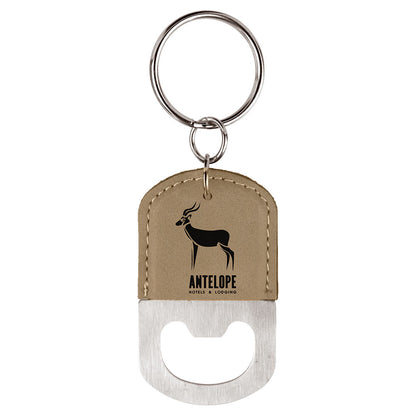 Personalized Laser Engraved Oval Light Brown  Leatherette Bottle Opener Keychain