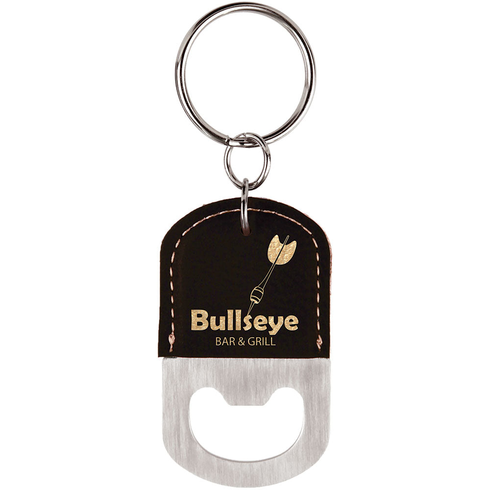 Personalized Laser Engraved Oval Black/Gold  Leatherette Bottle Opener Keychain