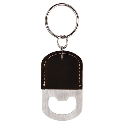 Personalized Laser Engraved Oval Black/Gold Leatherette Bottle Opener Keychain