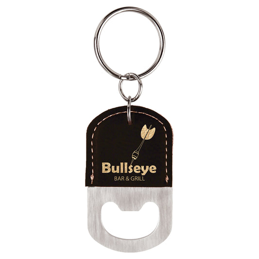  Personalized Laser Engraved Oval Black/Gold Leatherette Bottle Opener Keychain