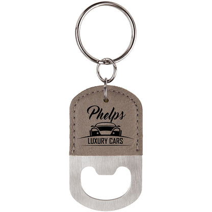 Personalized Laser Engraved Oval Gray  Leatherette Bottle Opener Keychain