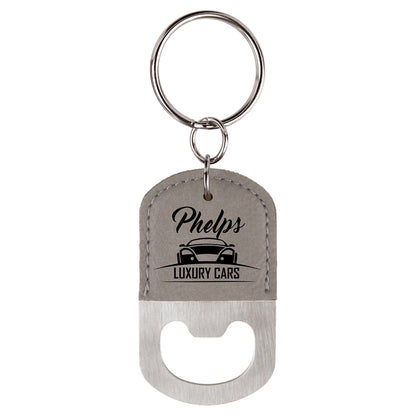  Personalized Laser Engraved Oval Gray Leatherette Bottle Opener Keychain