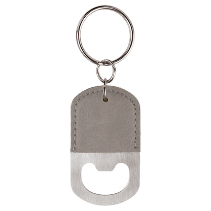 Personalized Laser Engraved Oval Gray Leatherette Bottle Opener Keychain