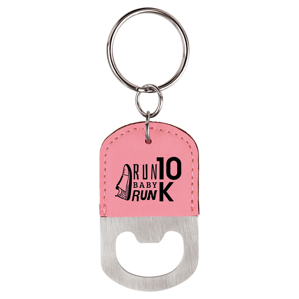 Personalized Laser Engraved Oval Pink  Leatherette Bottle Opener Keychain