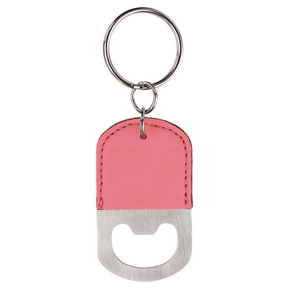 Personalized Laser Engraved Oval Pink  Leatherette Bottle Opener Keychain