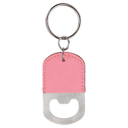 Personalized Laser Engraved Oval Pink Leatherette Bottle Opener Keychain