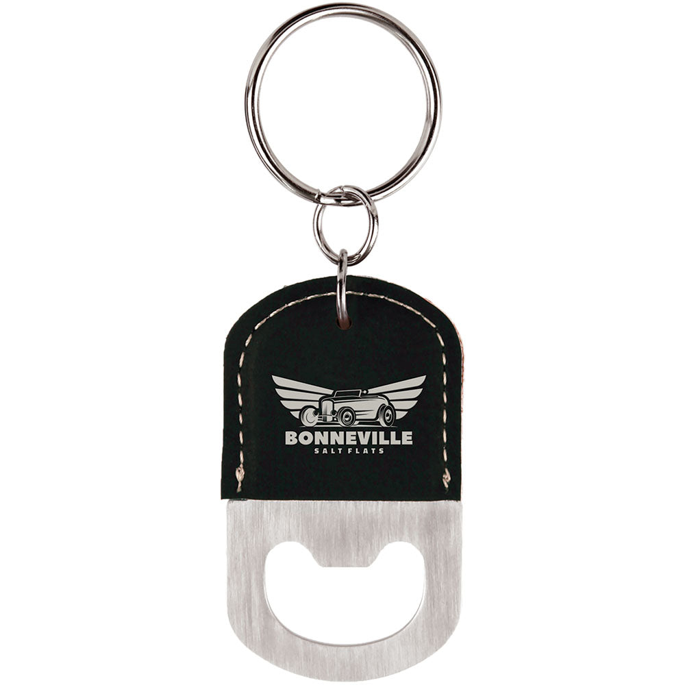 Personalized Laser Engraved Oval Black/Silver  Leatherette Bottle Opener Keychain