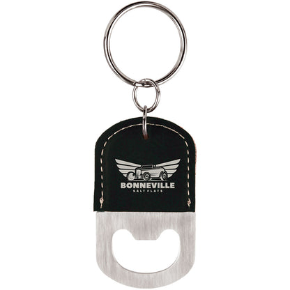 Personalized Laser Engraved Oval Black/Silver  Leatherette Bottle Opener Keychain