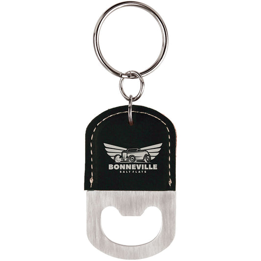 Personalized Laser Engraved Oval Black/Silver  Leatherette Bottle Opener Keychain