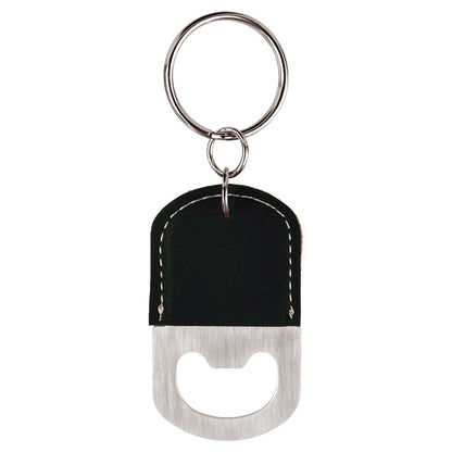 Personalized Laser Engraved Oval Black/Silver  Leatherette Bottle Opener Keychain