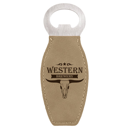  Personalized Laser Engraved Light Brown Leatherette Bottle Opener with Magnet