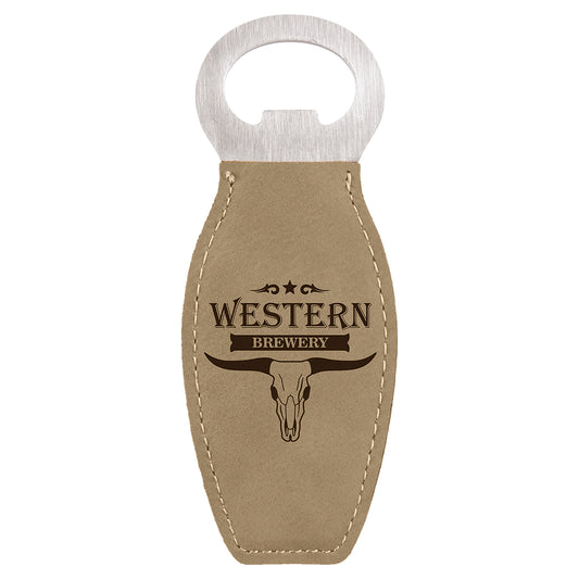  Personalized Laser Engraved Light Brown Leatherette Bottle Opener with Magnet