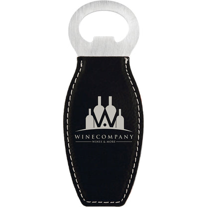 Personalized Laser Engraved Black/Silver  Leatherette Bottle Opener with Magnet