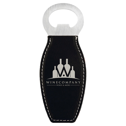  Personalized Laser Engraved Black/Silver Leatherette Bottle Opener with Magnet