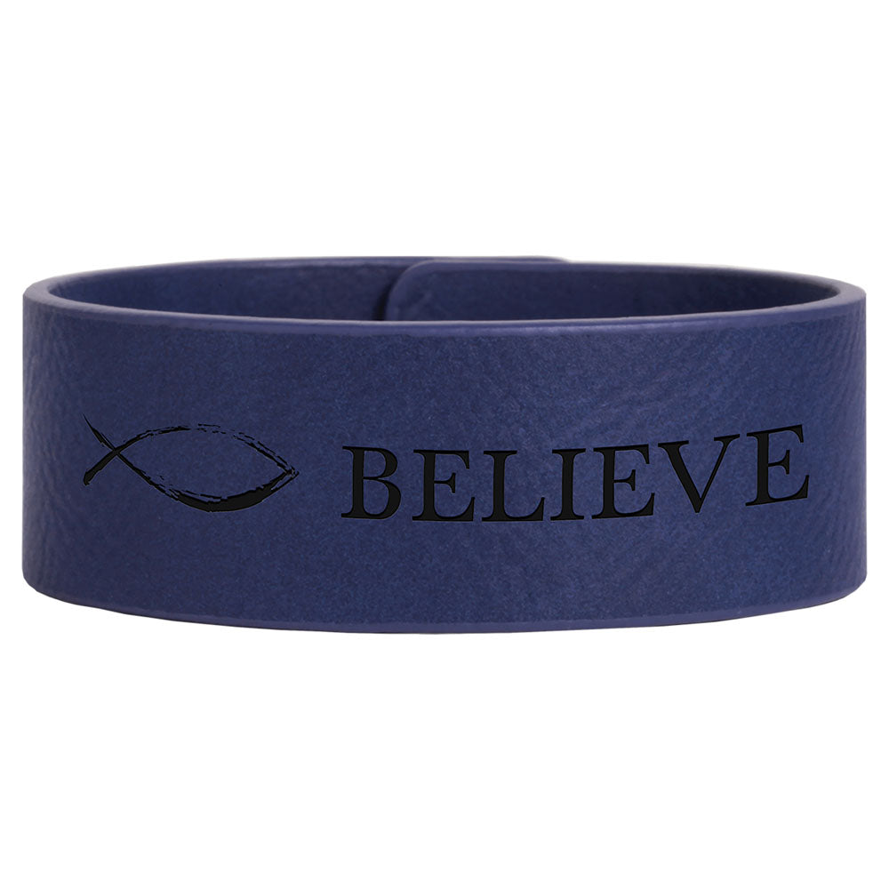  Personalized Laser Engraved 9 1/2" x 1" Blue/Black Leatherette Cuff Bracelet