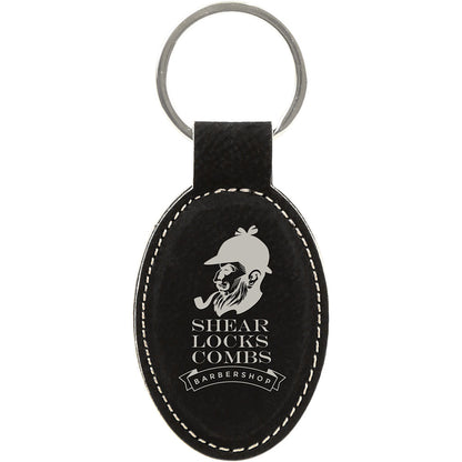 Personalized Laser Engraved 3" x 1 3/4" Black/Silver  Leatherette Oval Keychain