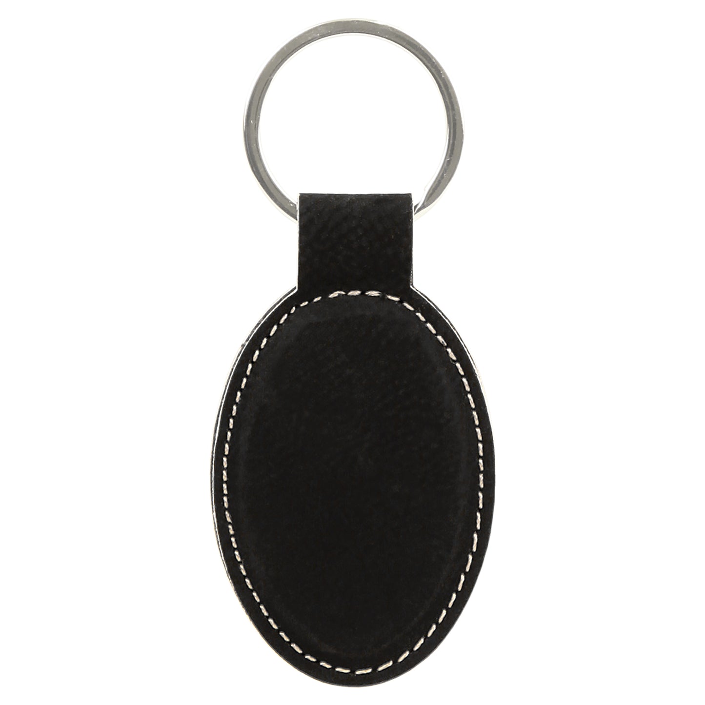 Personalized Laser Engraved 3" x 1 3/4" Black/Silver  Leatherette Oval Keychain