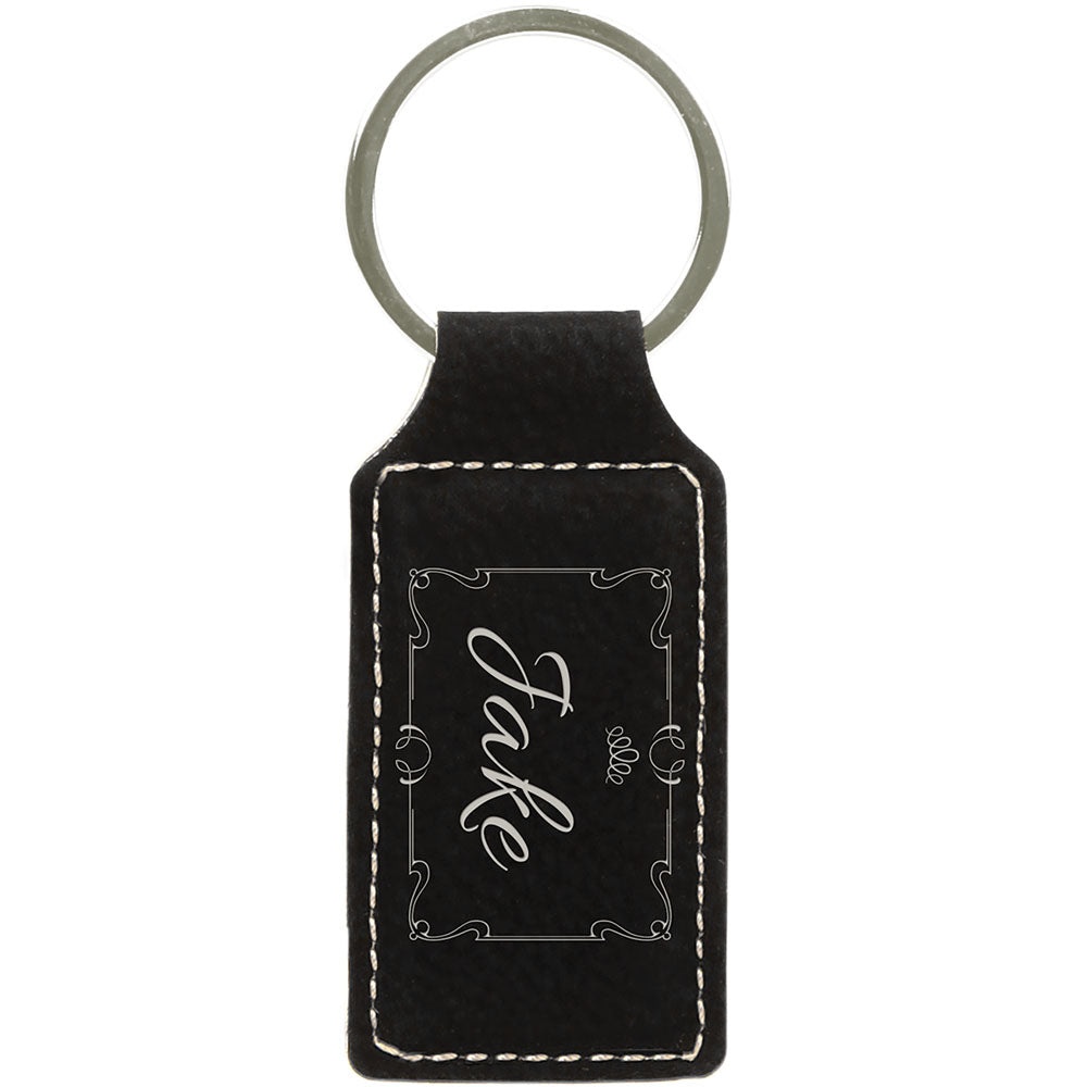 Personalized Laser Engraved 2 3/4" x 1 1/4" Black/Silver  Leatherette Rectangle Keychain