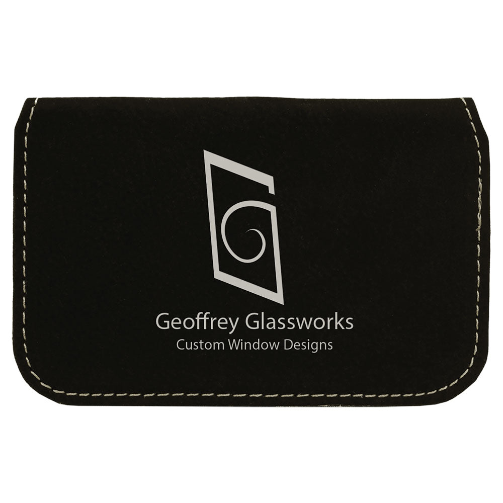 Personalized Laser Engraved 4 1/2" x 2 3/4" Black/Silver  Leatherette Flexible Business Card Holder