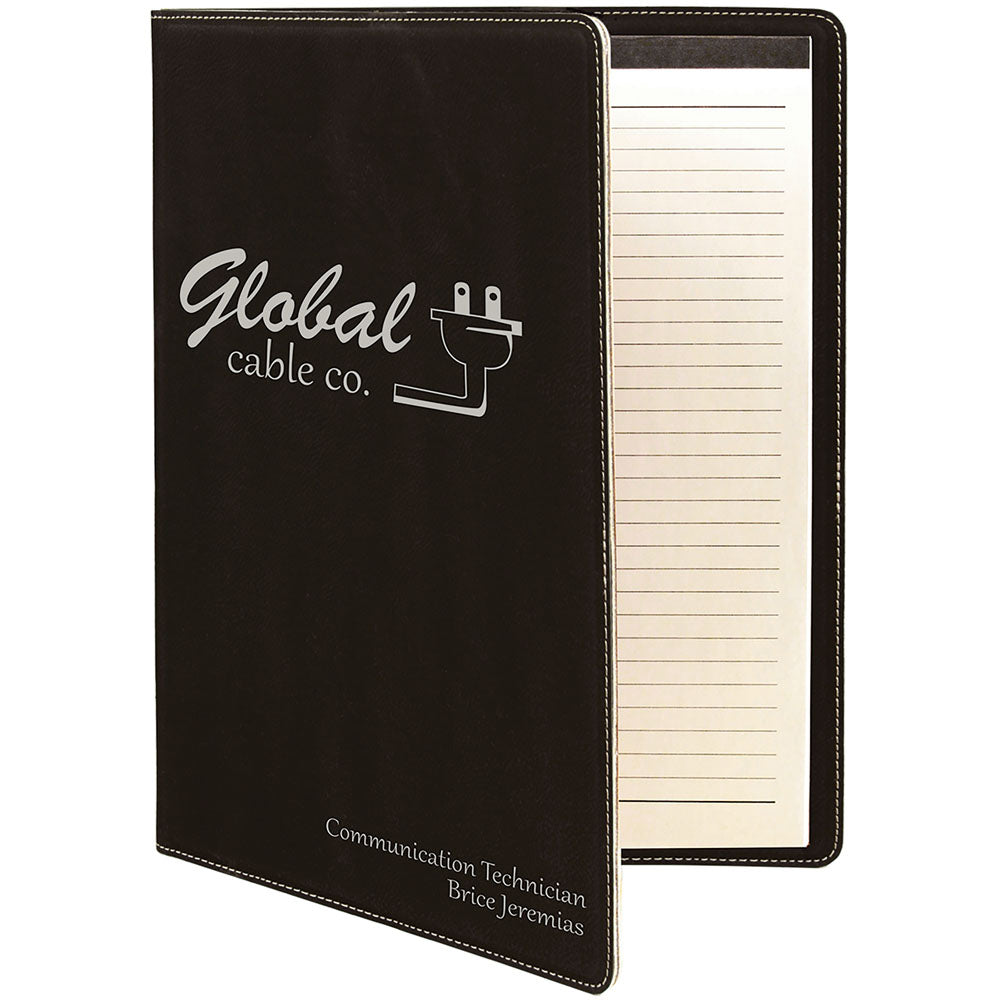 Personalized Laser Engraved 9 1/2" x 12" Black/Silver Laserable Leatherette Portfolio with Notepad