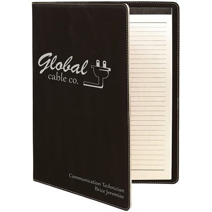 Personalized Laser Engraved 9 1/2" x 12" Black/Silver Laserable Leatherette Portfolio with Notepad