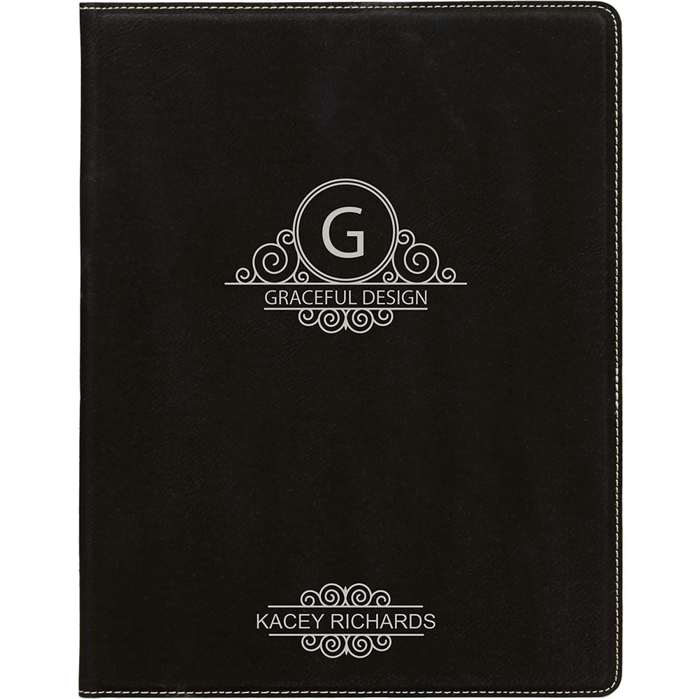 Personalized Laser Engraved 9 1/2" x 12" Black/Silver Laserable Leatherette Portfolio with Notepad