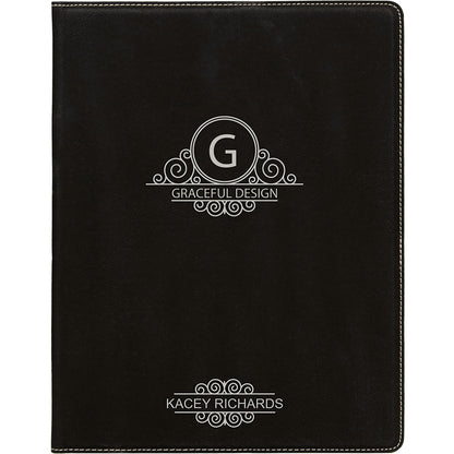 Personalized Laser Engraved 9 1/2" x 12" Black/Silver Laserable Leatherette Portfolio with Notepad