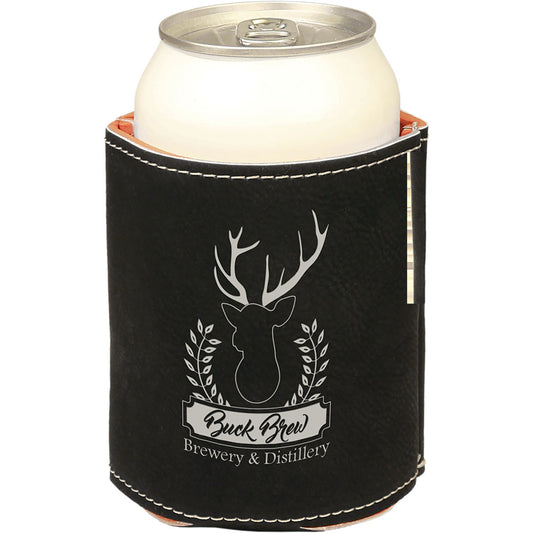 Personalized Laser Engraved 3 3/4" Black/Silver  Leatherette Beverage Holder