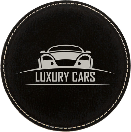 Personalized Laser Engraved 4" Round Black/Silver  Leatherette Coaster