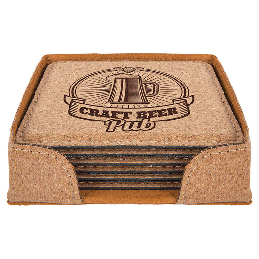 Personalized Laser Engraved 4" x 4" Square Cork 6-Coaster Set