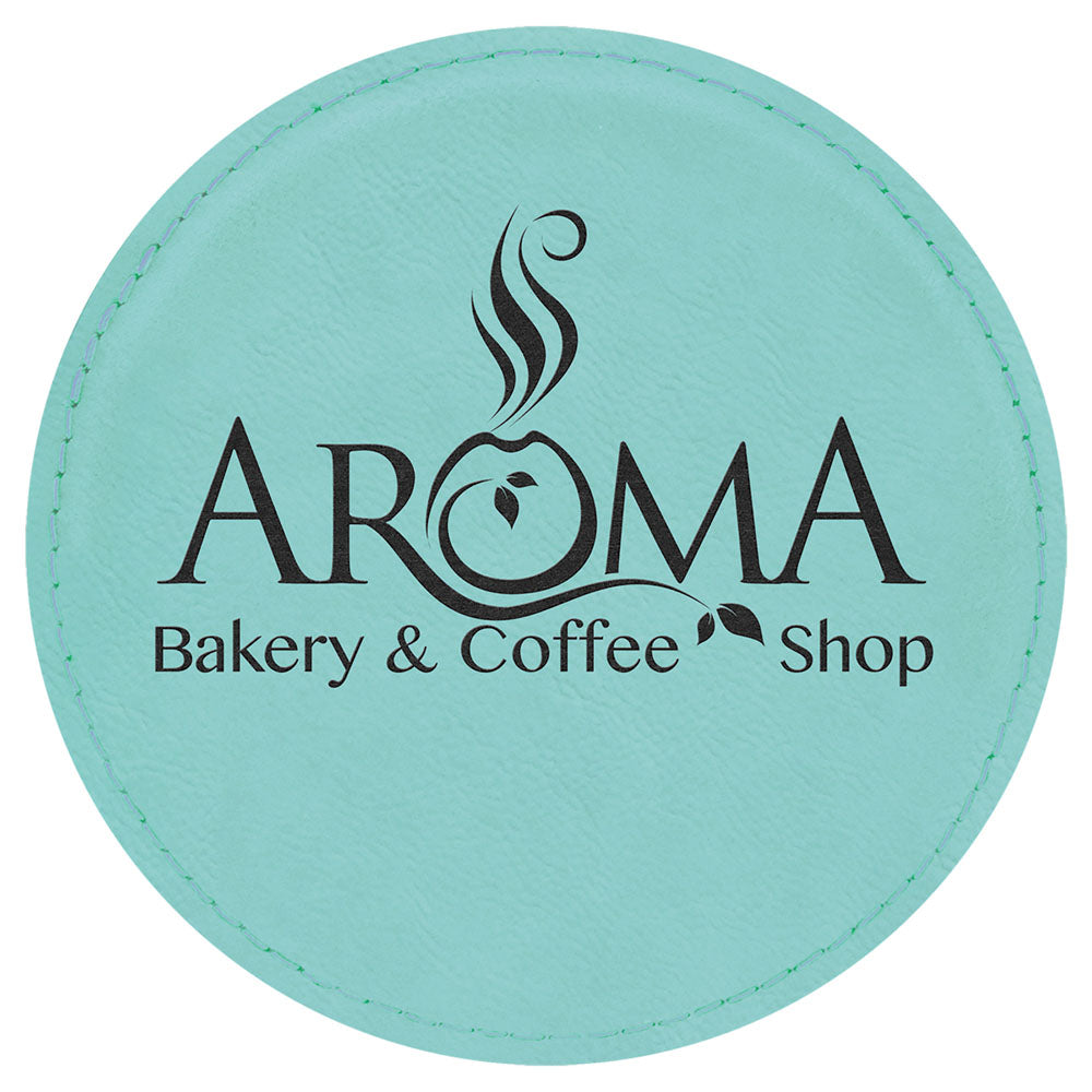 Personalized Laser Engraved 4" Round Teal  Leatherette Coaster