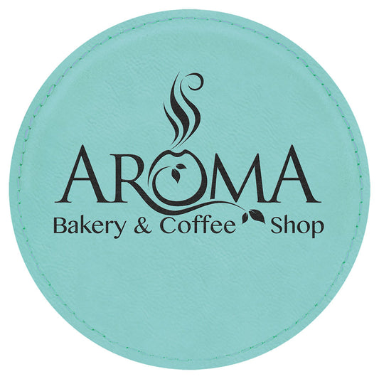 Personalized Laser Engraved 4" Round Teal  Leatherette Coaster