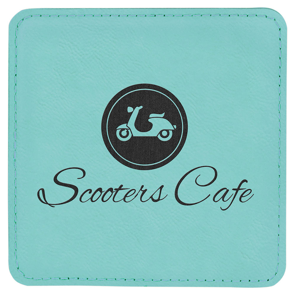 Personalized Laser Engraved 4" x 4" Square Teal  Leatherette Coaster