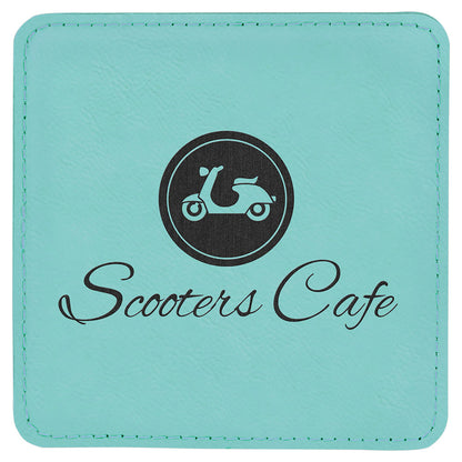 Personalized Laser Engraved 4" x 4" Square Teal  Leatherette Coaster