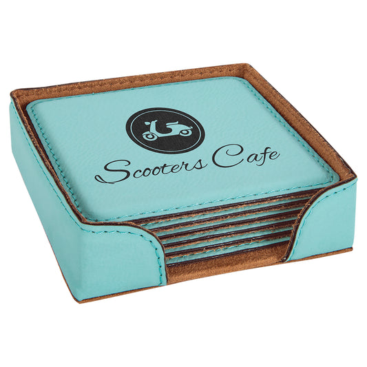 Personalized Laser Engraved  Teal Leatherette Square 6-Coaster Set