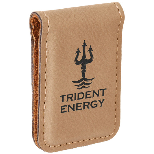 Personalized Laser Engraved 1 3/4" x 2 1/2" Light Brown  Leatherette Money Clip