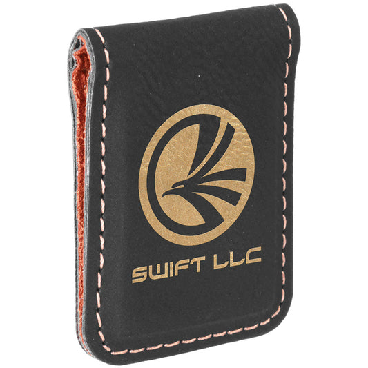 Personalized Laser Engraved 1 3/4" x 2 1/2" Black/Gold  Leatherette Money Clip