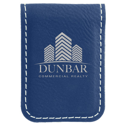 Personalized Laser Engraved 1 3/4" x 2 1/2" Blue/Silver  Leatherette Money Clip