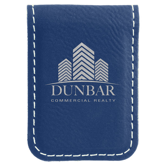 Personalized Laser Engraved 1 3/4" x 2 1/2" Blue/Silver  Leatherette Money Clip